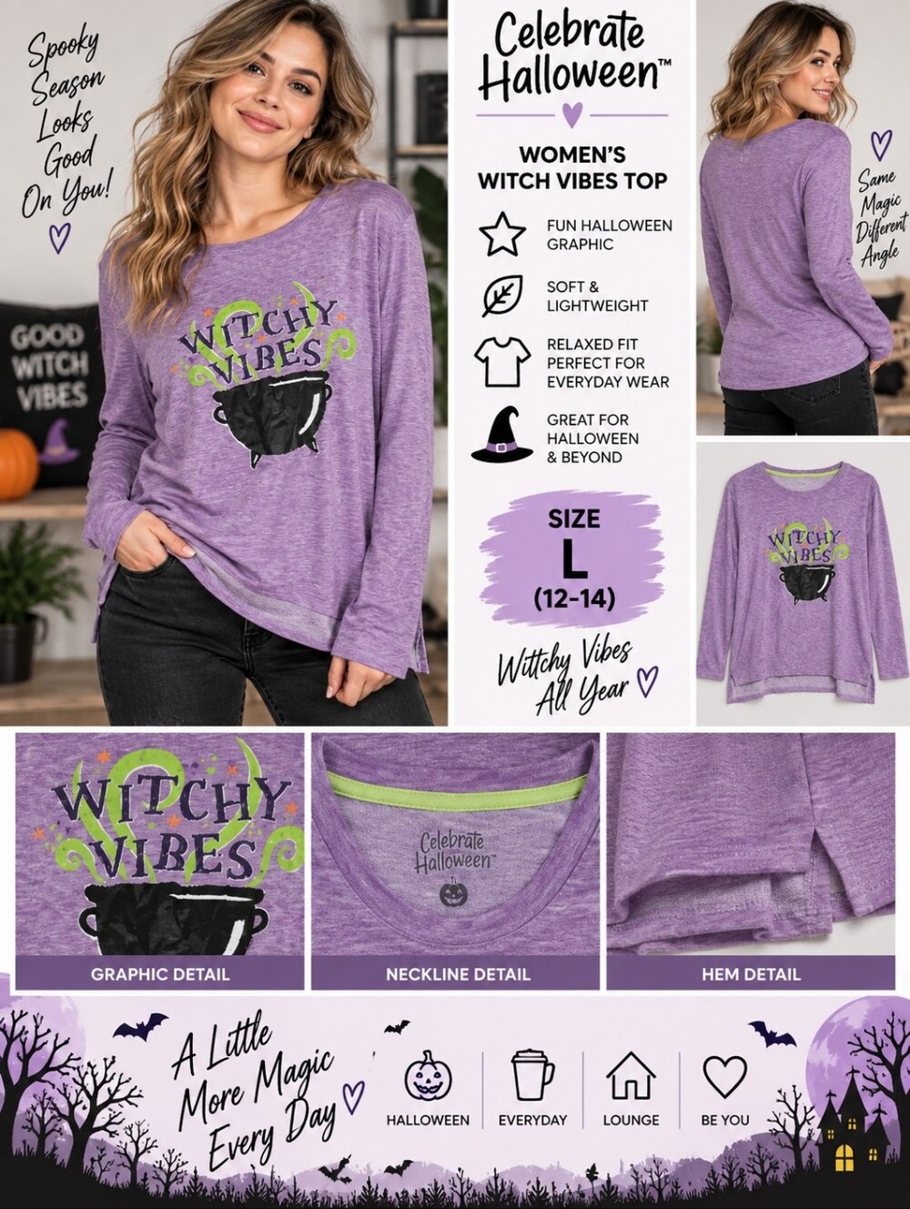Celebrate Halloween women's large purple witch vibes top #29